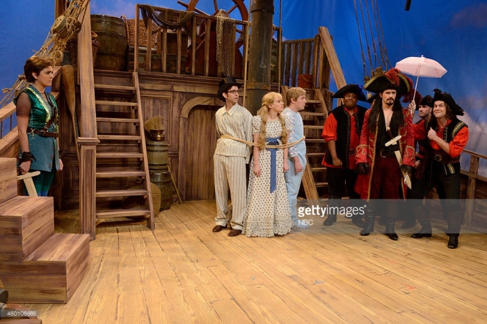 SATURDAY NIGHT LIVE -- "James Franco" Episode 1670 -- Pictured: (l-r) Cecily Strong as Allison Williams' Peter Pan, Kyle Mooney as John, Kate McKinnon as Wendy, Beck Bennett as Michael and James Franco as Christopher Walken's Captain Hook during the "Peter Pan Live!" skit on December 6, 2014 -- (Photo by: Dana Edelson/NBC/NBCU Photo Bank)